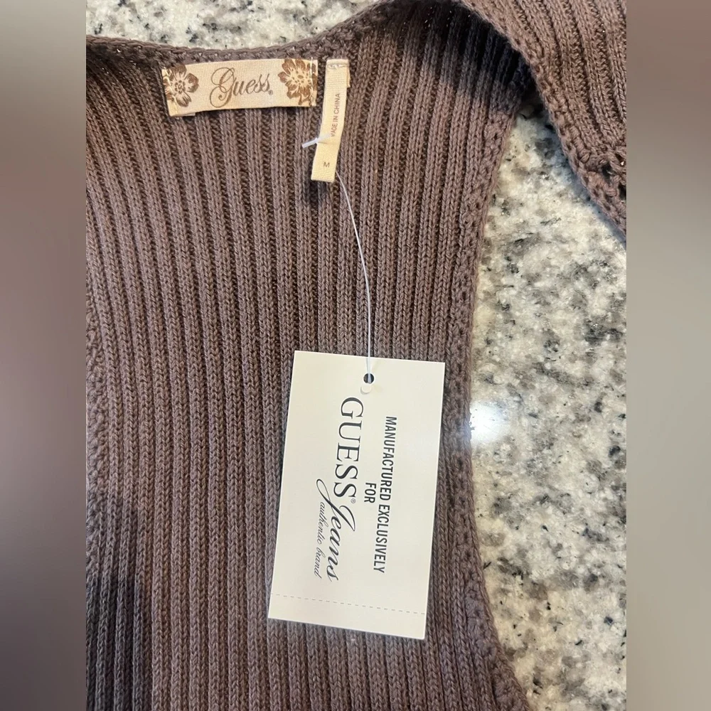 Guess Jeans 100% Cotton Bohemian/Western Brown Knit Crochet Open Vest